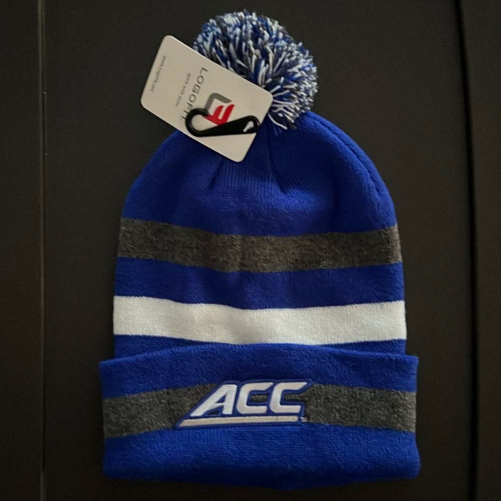 Atlantic Coast Conference Blue, Gray and White Stripe Beanie Pom Hat